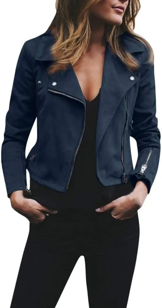 2024 Fall Women's Faux Leather Biker Motorcycle Jackets Plus Size Long Sleeve Zipper Slim Fit Short Casual Coat Outwear