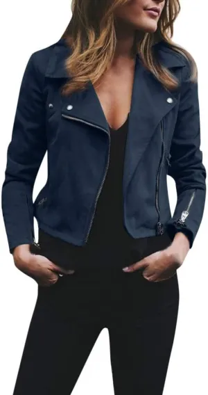 2024 Fall Women's Faux Leather Biker Motorcycle Jackets Plus Size Long Sleeve Zipper Slim Fit Short Casual Coat Outwear