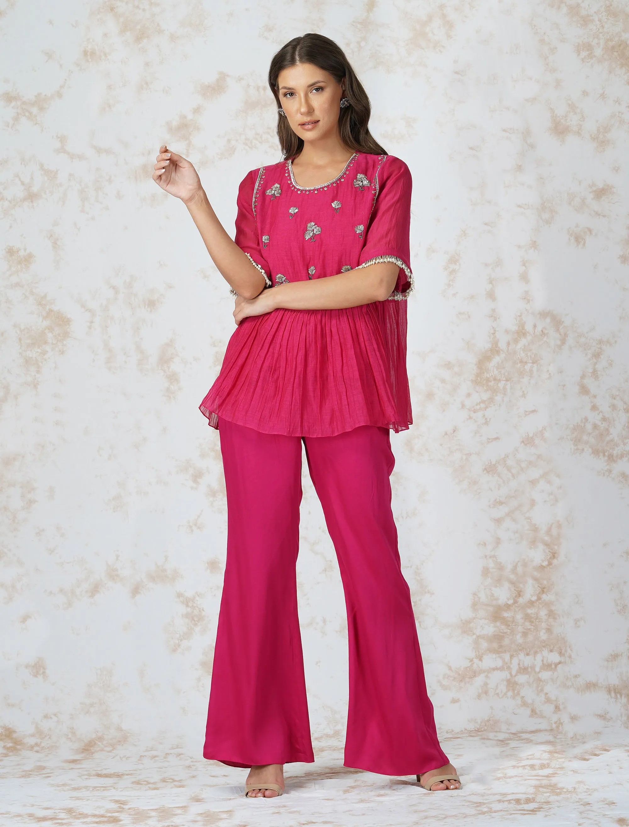 Antique Work Tiered Hot Pink Top Set