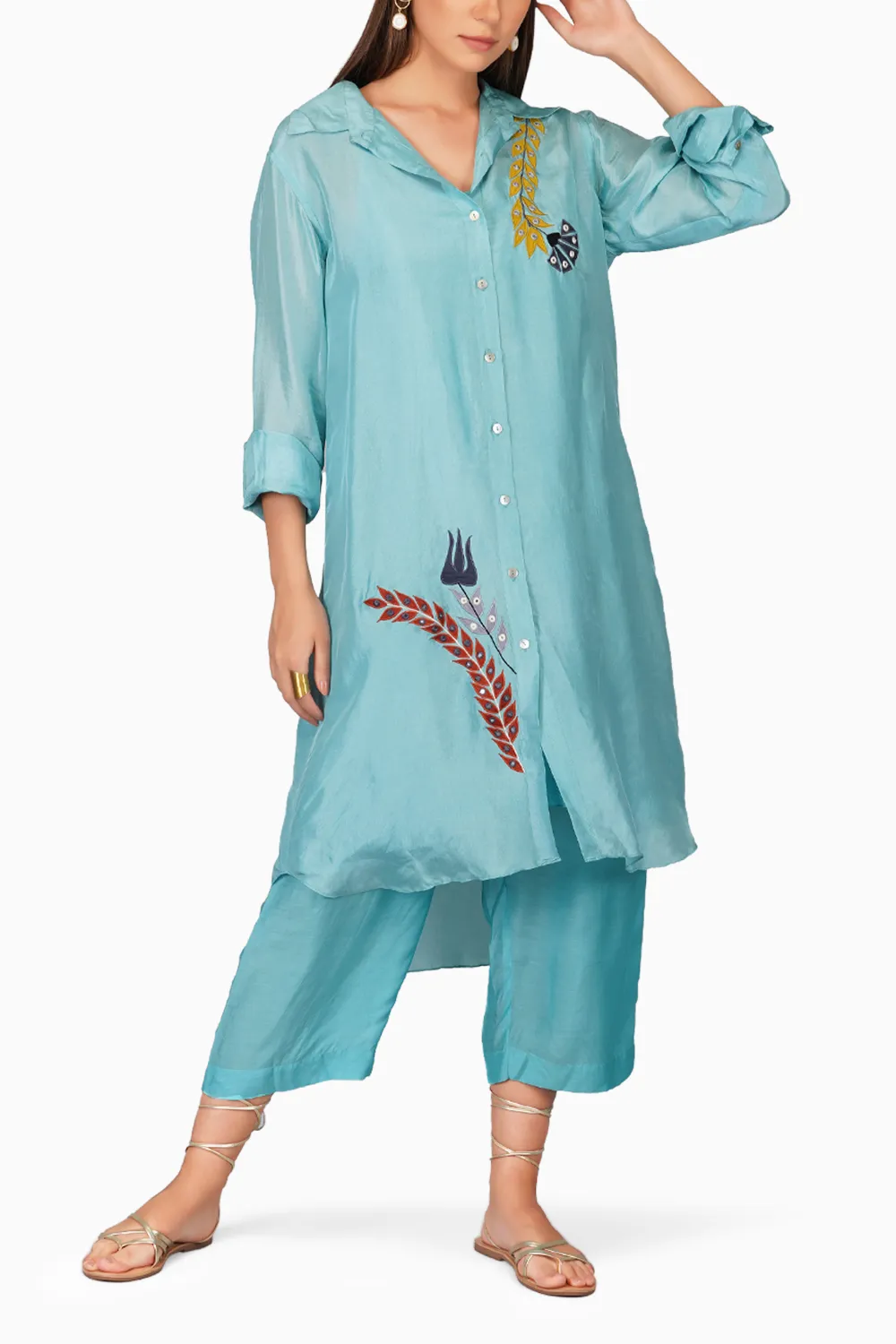 Applique Flower Long Shirt Set