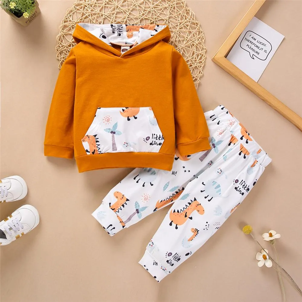 Baby Unisex Dinosaur Hooded Long Sleeve Top & Pants Baby Outfits