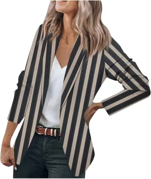 Blazers For Women Business Casual,2024 Fall Trendy Black And White Striped Blazer Lapel Open Front Cardigan Jacket