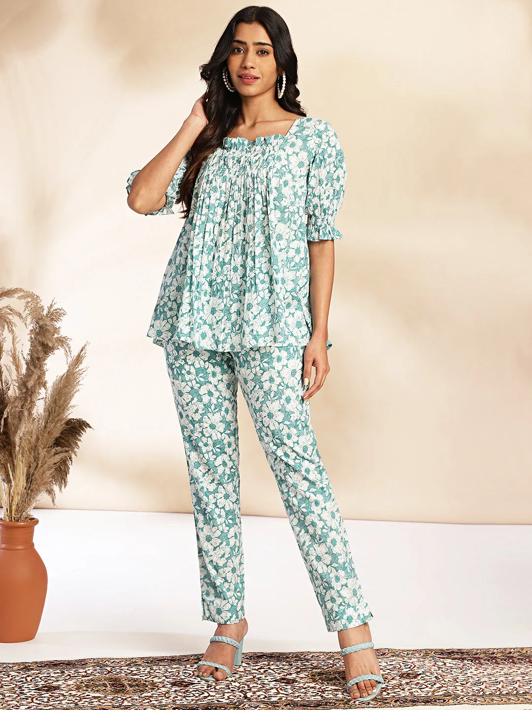 Blue Cotton Floral Printed Co-Ord Set
