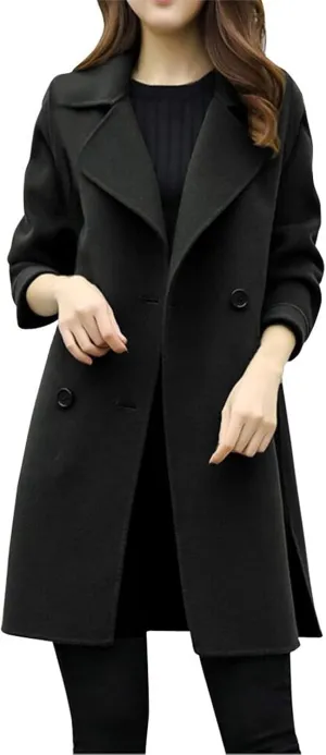 BOXIACEY Pea Coats for Women Wool Blend Winter Coat Double Breasted Trench Coat Elegant Lapel Collar Long Trench Coat