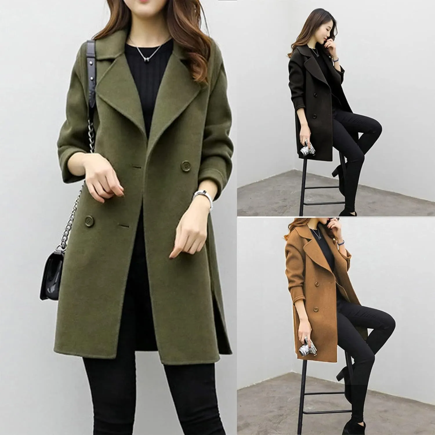 BOXIACEY Pea Coats for Women Wool Blend Winter Coat Double Breasted Trench Coat Elegant Lapel Collar Long Trench Coat