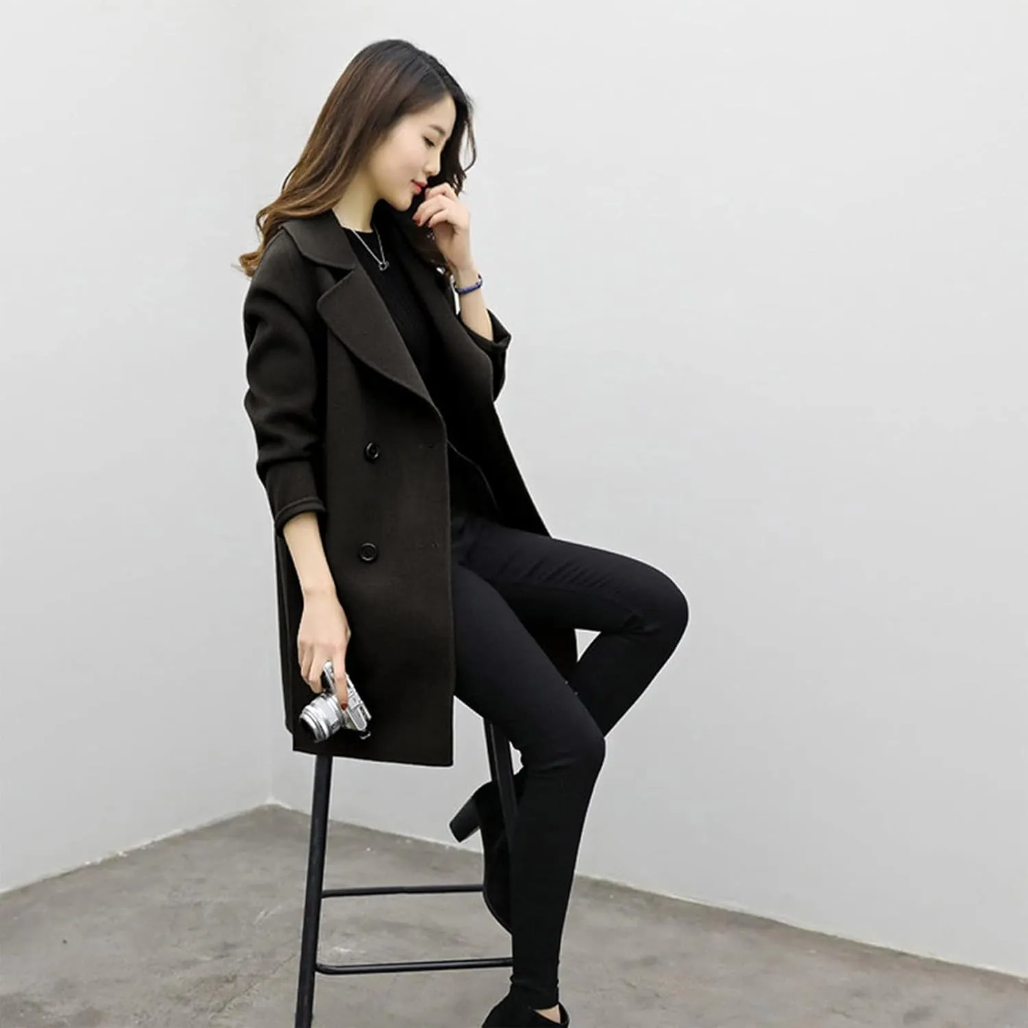 BOXIACEY Pea Coats for Women Wool Blend Winter Coat Double Breasted Trench Coat Elegant Lapel Collar Long Trench Coat