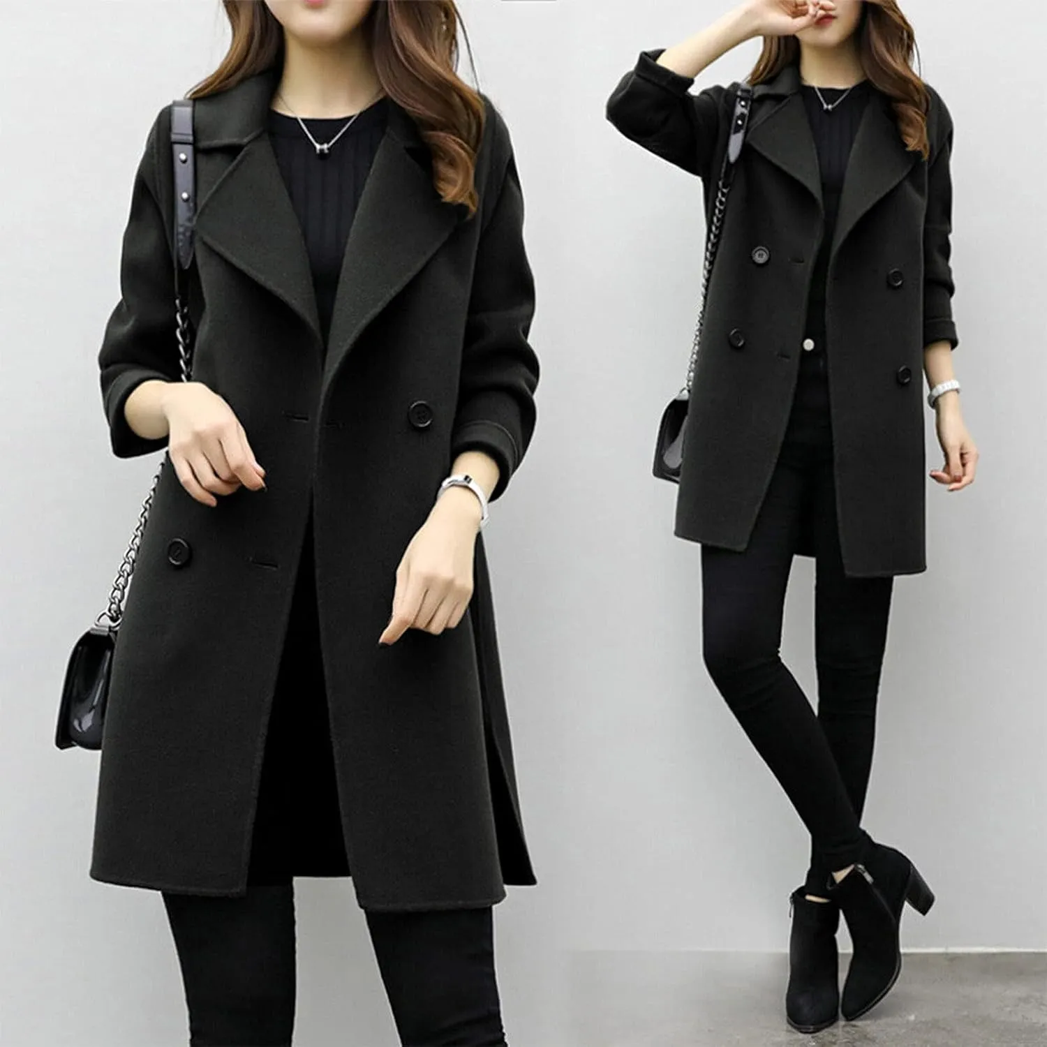 BOXIACEY Pea Coats for Women Wool Blend Winter Coat Double Breasted Trench Coat Elegant Lapel Collar Long Trench Coat