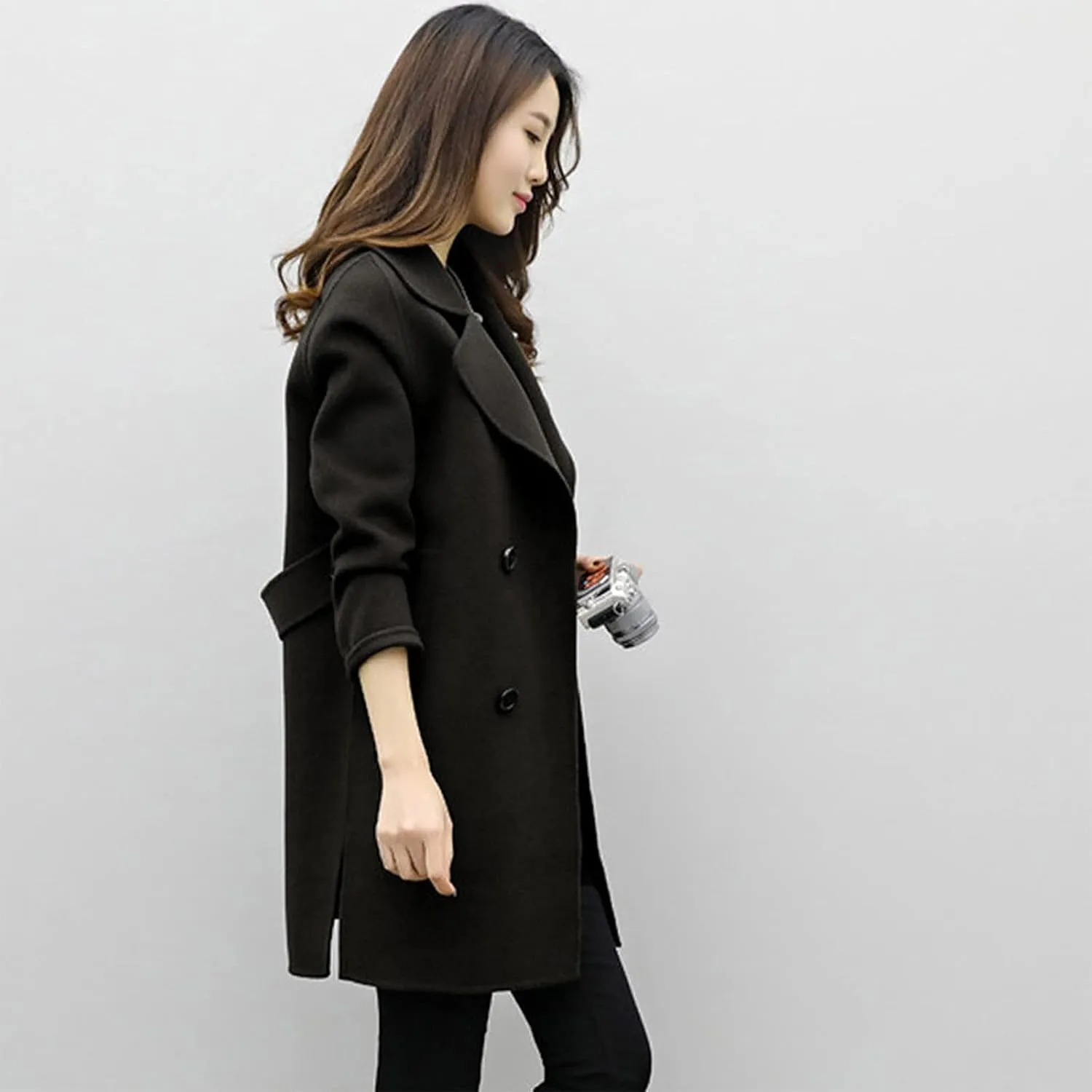 BOXIACEY Pea Coats for Women Wool Blend Winter Coat Double Breasted Trench Coat Elegant Lapel Collar Long Trench Coat