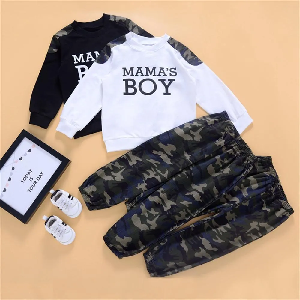 Boys Camo Letter Printed Long Sleeve Top & Pants Boy Wholesale Clothing
