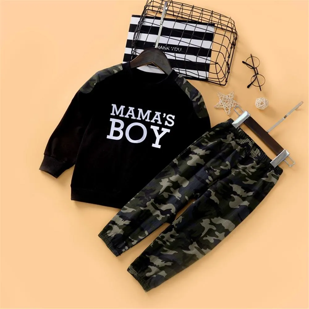 Boys Camo Letter Printed Long Sleeve Top & Pants Boy Wholesale Clothing