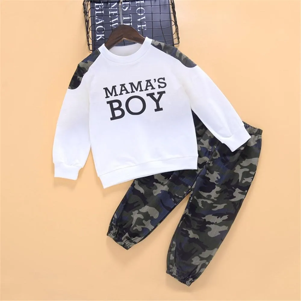 Boys Camo Letter Printed Long Sleeve Top & Pants Boy Wholesale Clothing