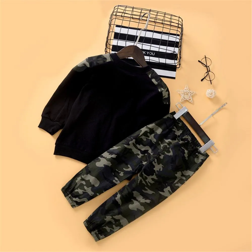 Boys Camo Letter Printed Long Sleeve Top & Pants Boy Wholesale Clothing