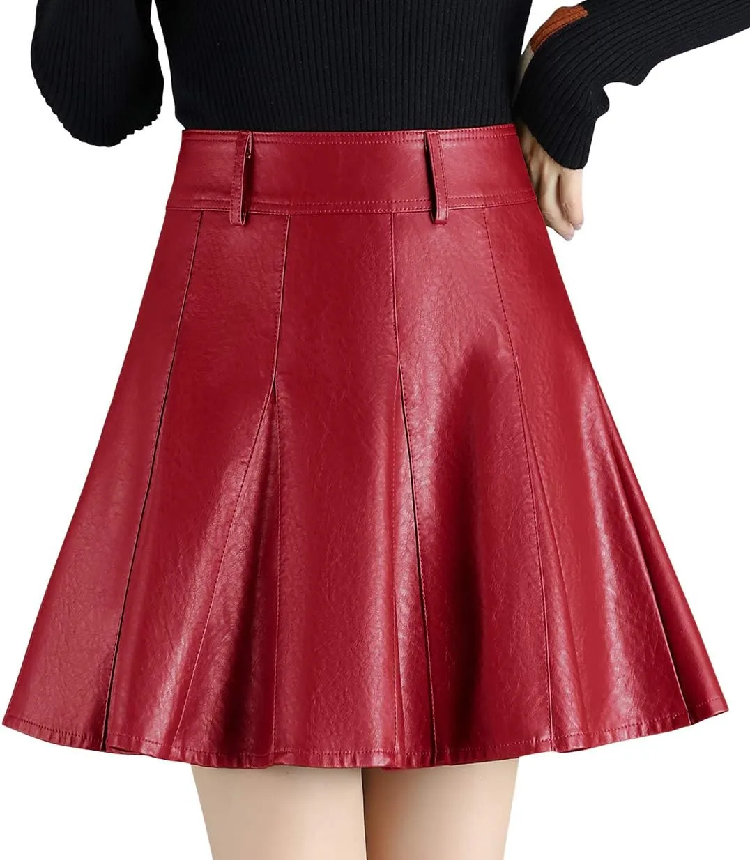 chouyatou Women's Casual Side Zipper Flare Pleated Faux Leather Skater Skirts