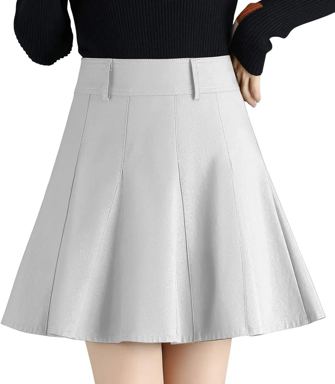 chouyatou Women's Casual Side Zipper Flare Pleated Faux Leather Skater Skirts