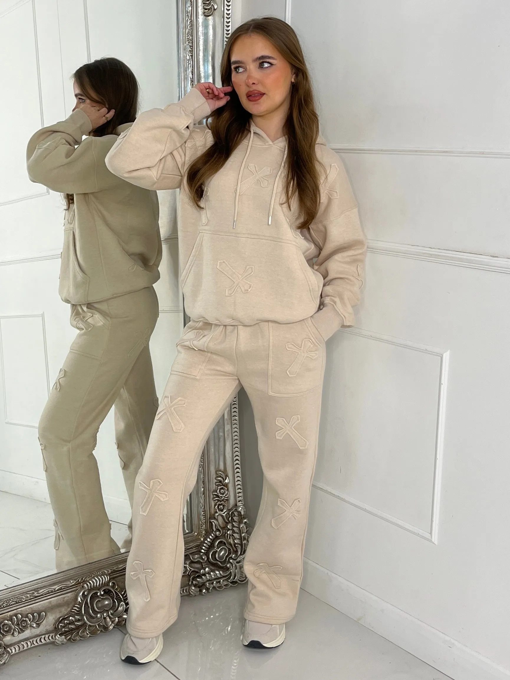 Cross Embroidered Hoodie & Jogger Tracksuit - Beige