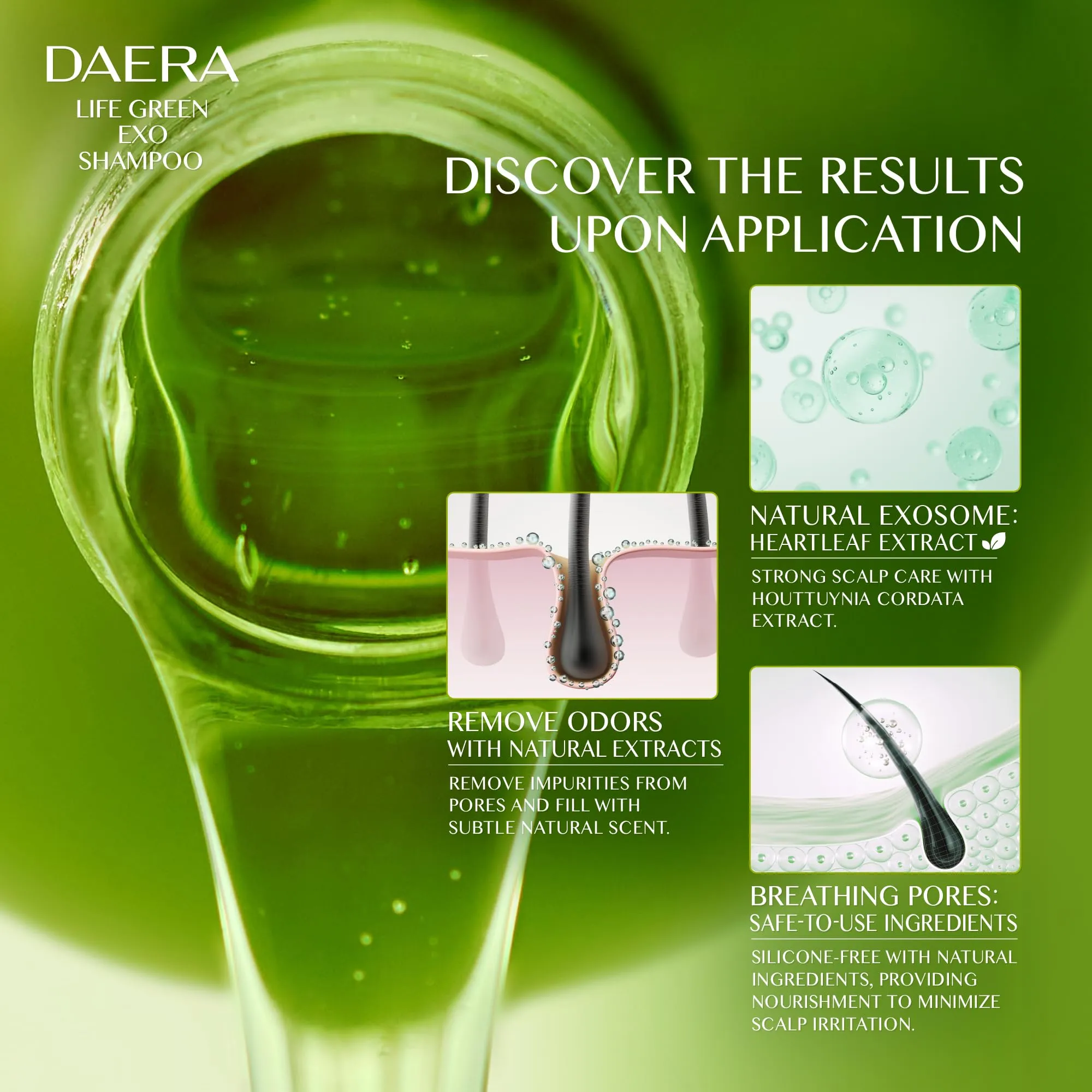 DAERA Life Green Exo Shampoo for Thinning Hair Thickening, 10.24 fl oz, Caffeine Biotin Scalp Deep Cleansing, Volumizing, Natural Heartleaf Extract, Women & Men, All Skin Types
