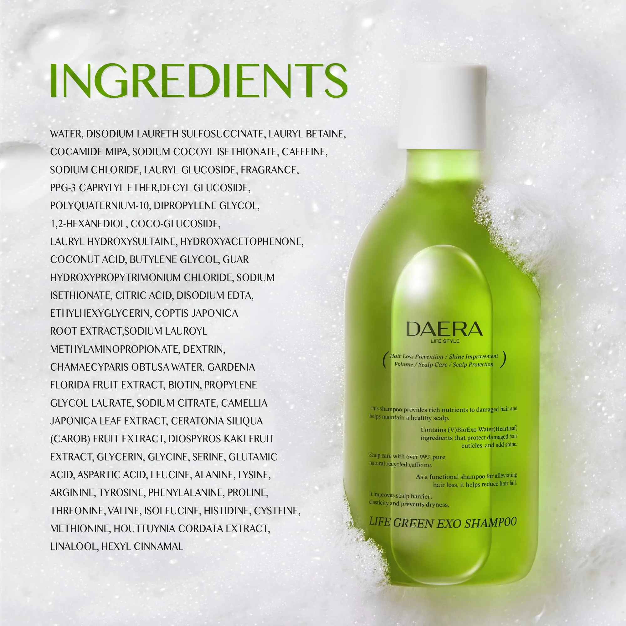 DAERA Life Green Exo Shampoo for Thinning Hair Thickening, 10.24 fl oz, Caffeine Biotin Scalp Deep Cleansing, Volumizing, Natural Heartleaf Extract, Women & Men, All Skin Types