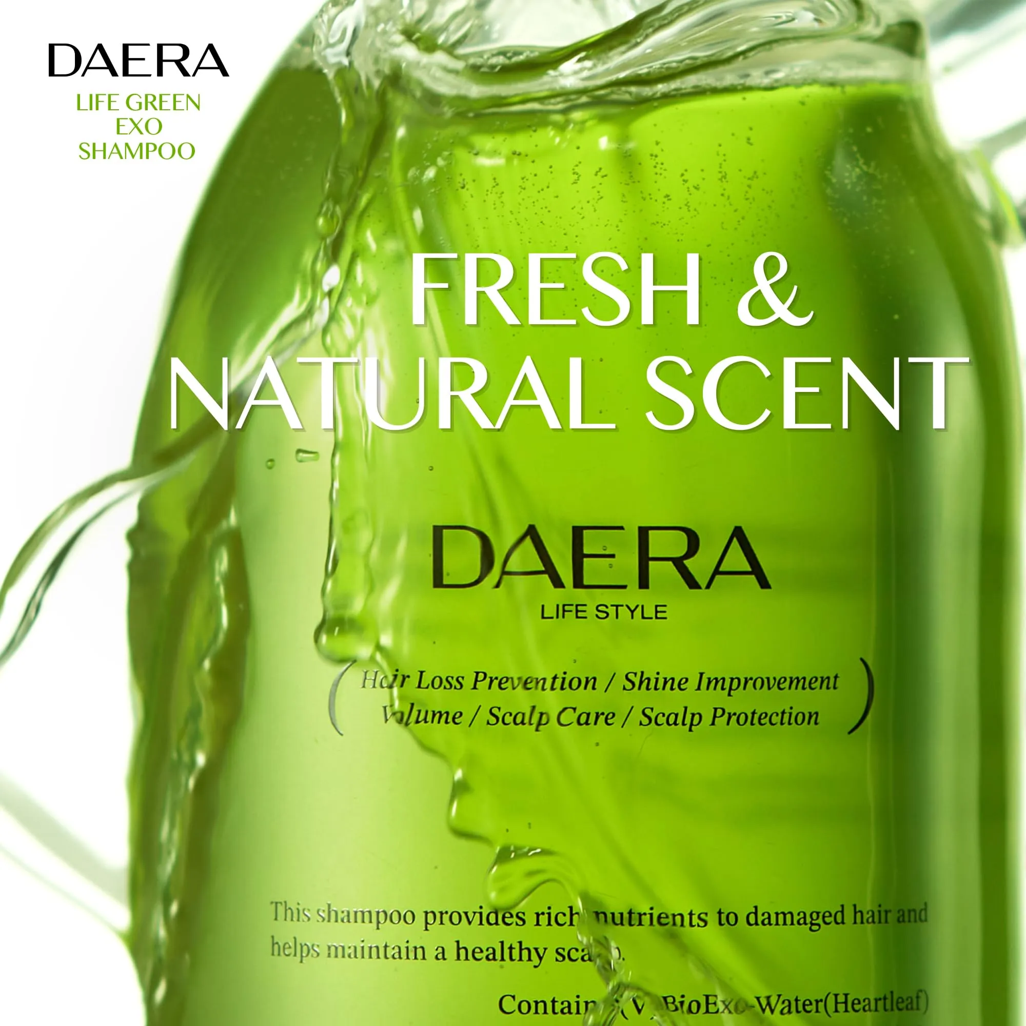 DAERA Life Green Exo Shampoo for Thinning Hair Thickening, 10.24 fl oz, Caffeine Biotin Scalp Deep Cleansing, Volumizing, Natural Heartleaf Extract, Women & Men, All Skin Types