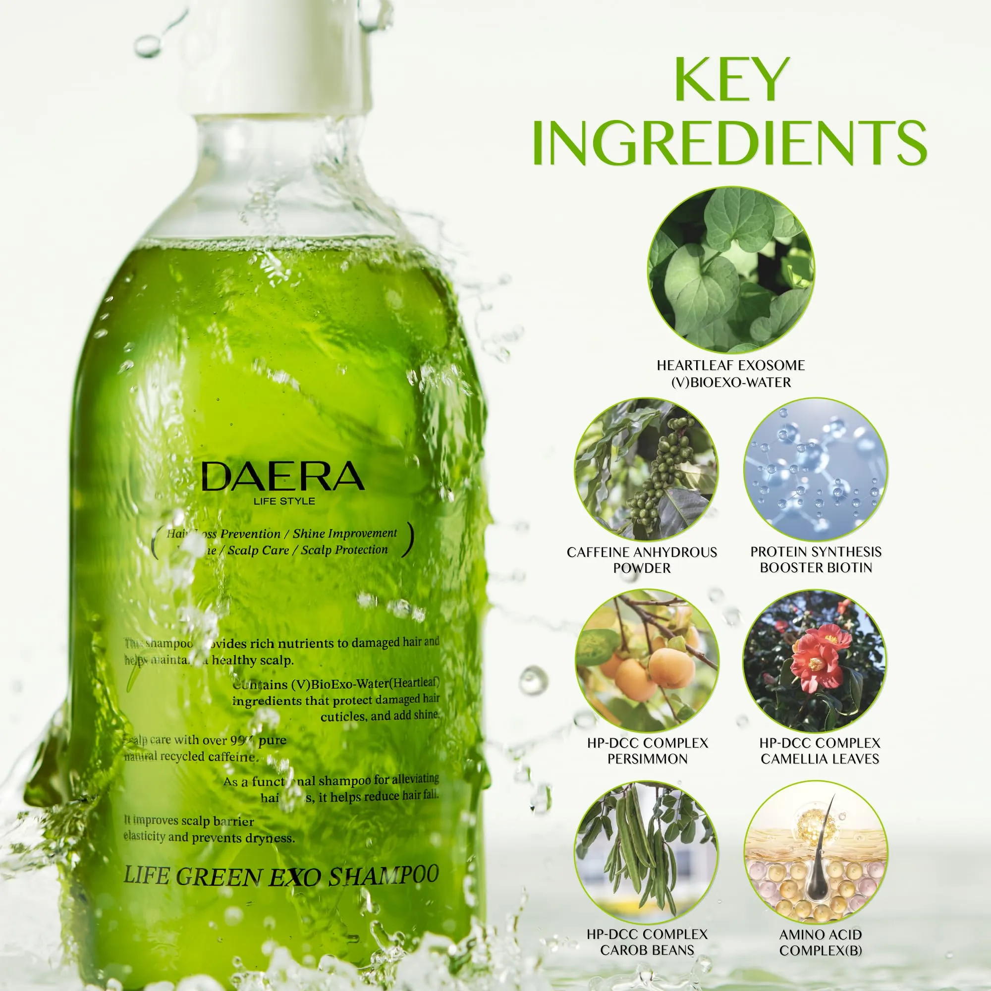 DAERA Life Green Exo Shampoo for Thinning Hair Thickening, 10.24 fl oz, Caffeine Biotin Scalp Deep Cleansing, Volumizing, Natural Heartleaf Extract, Women & Men, All Skin Types