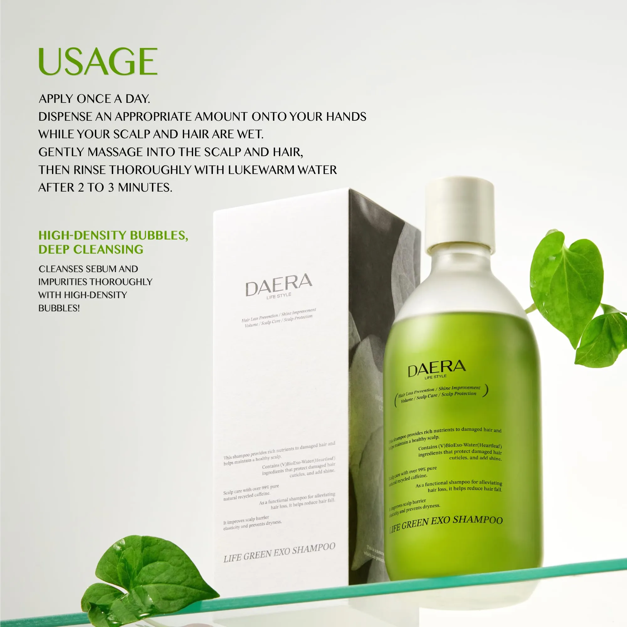 DAERA Life Green Exo Shampoo for Thinning Hair Thickening, 10.24 fl oz, Caffeine Biotin Scalp Deep Cleansing, Volumizing, Natural Heartleaf Extract, Women & Men, All Skin Types