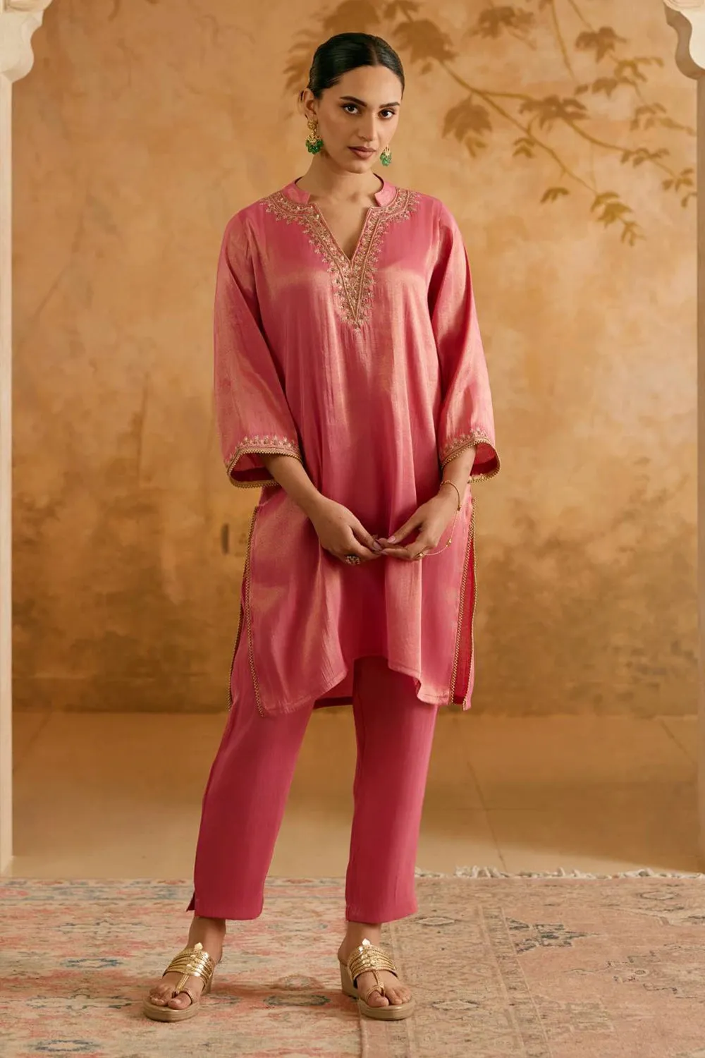 Dahlia Pink Tissue Kurta With Pants