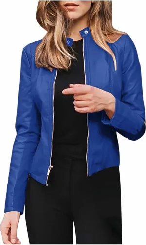 DASAYO Womens Lapel Slim Short Coat Full Zip Open Front Faux Leather PU Jacket Autumn and Winter Fashion Cardigan Jackets