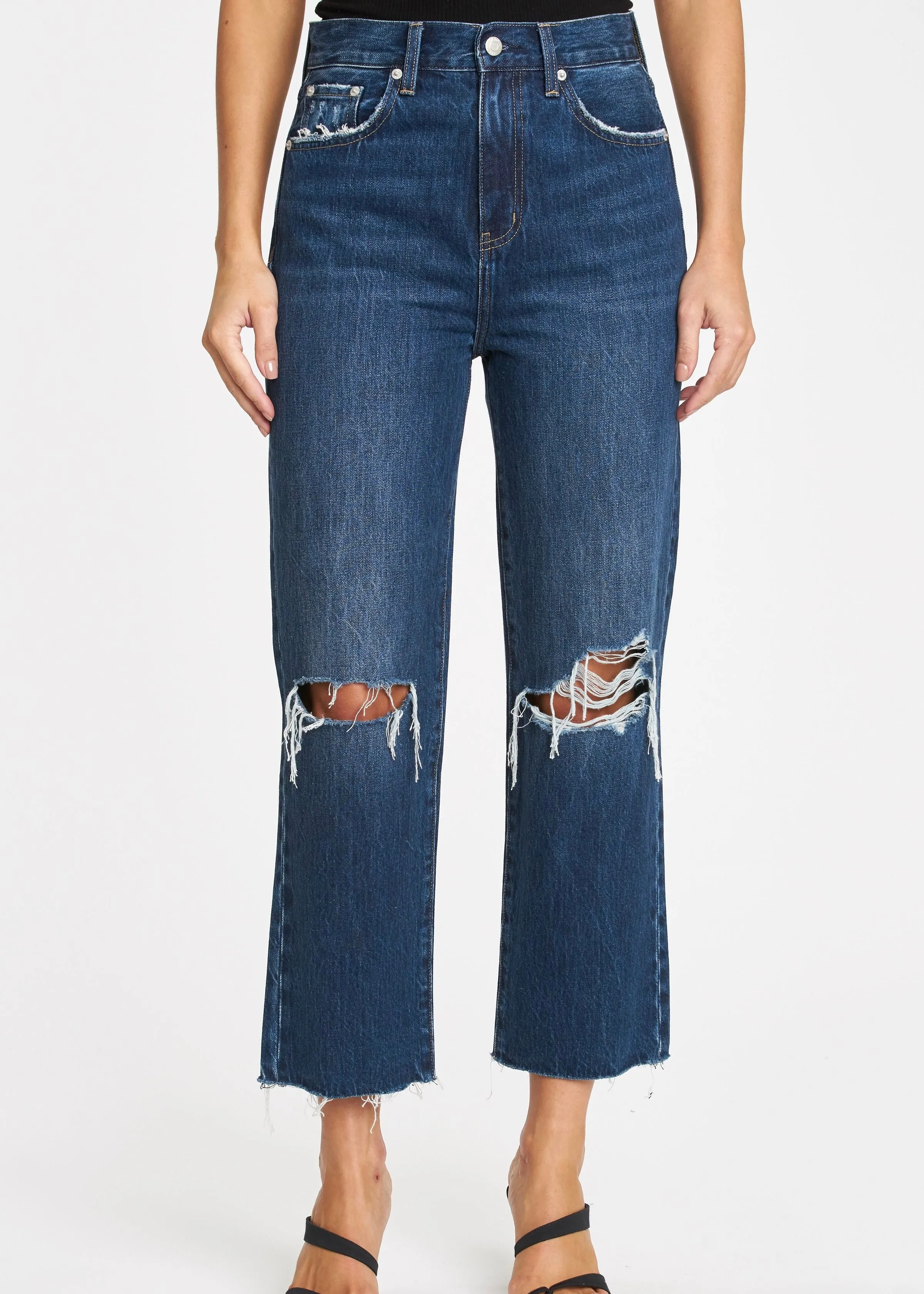 distressed knee hirise straight crop jean