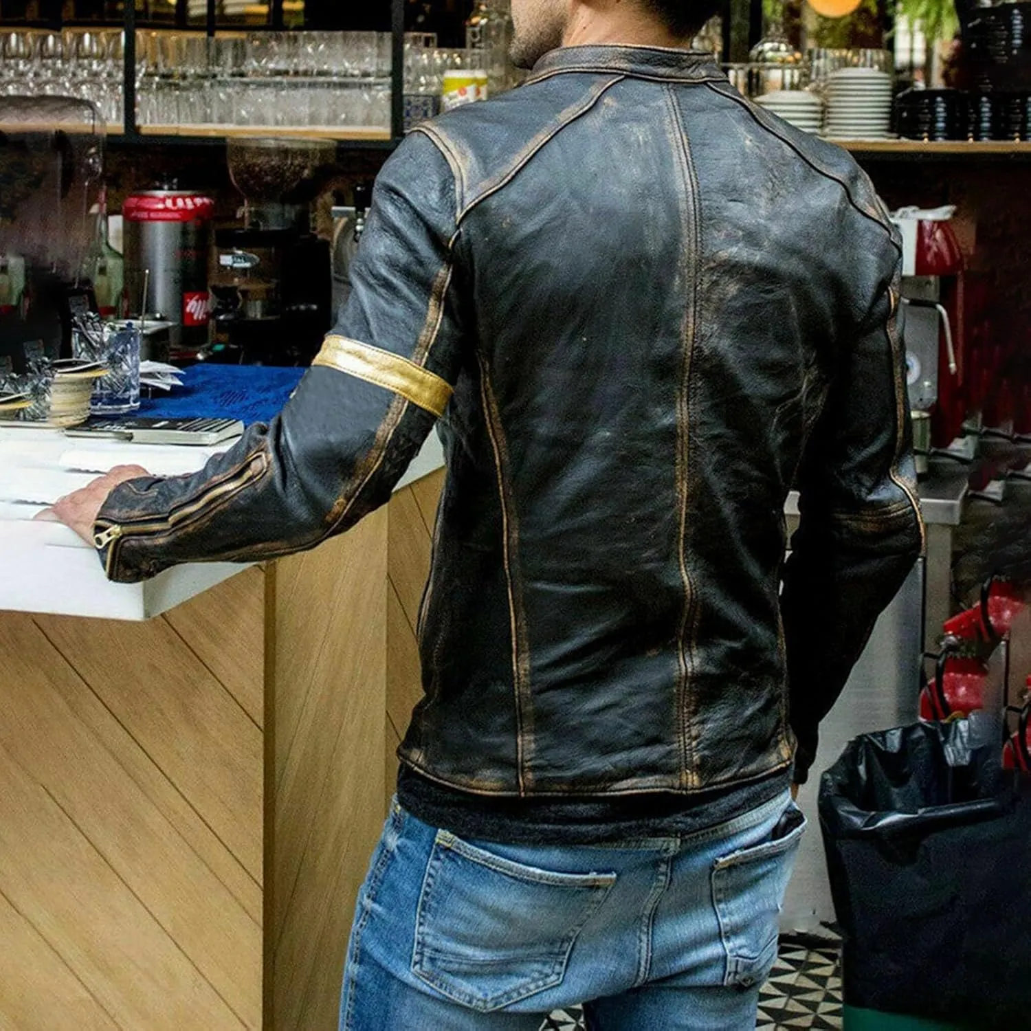 Distressed Motorcycle Jacket Men Faux Leather Slim Fit Zipper Winter Coat Vintage Lightweight Steampunk Biker Jacket
