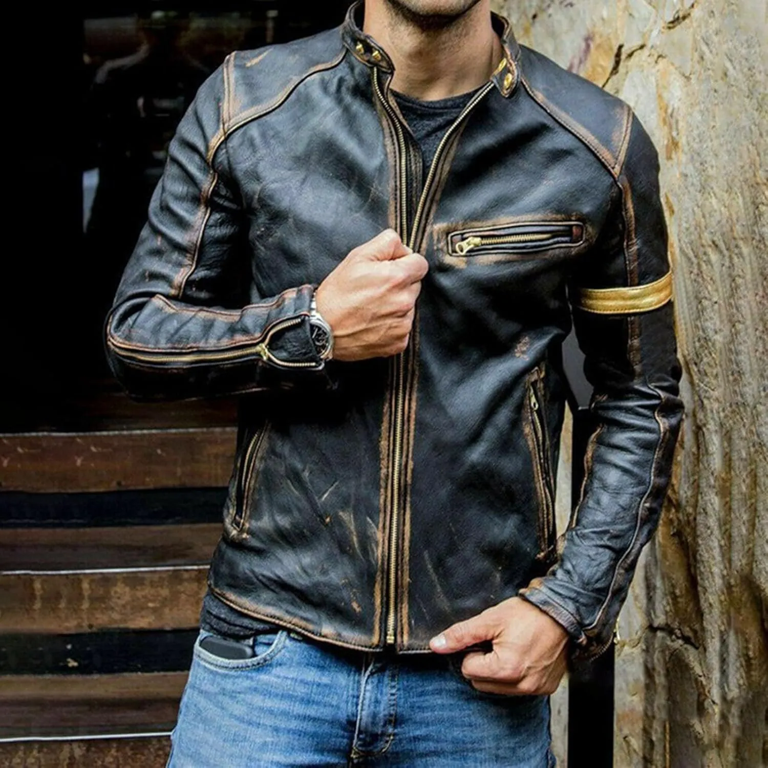 Distressed Motorcycle Jacket Men Faux Leather Slim Fit Zipper Winter Coat Vintage Lightweight Steampunk Biker Jacket