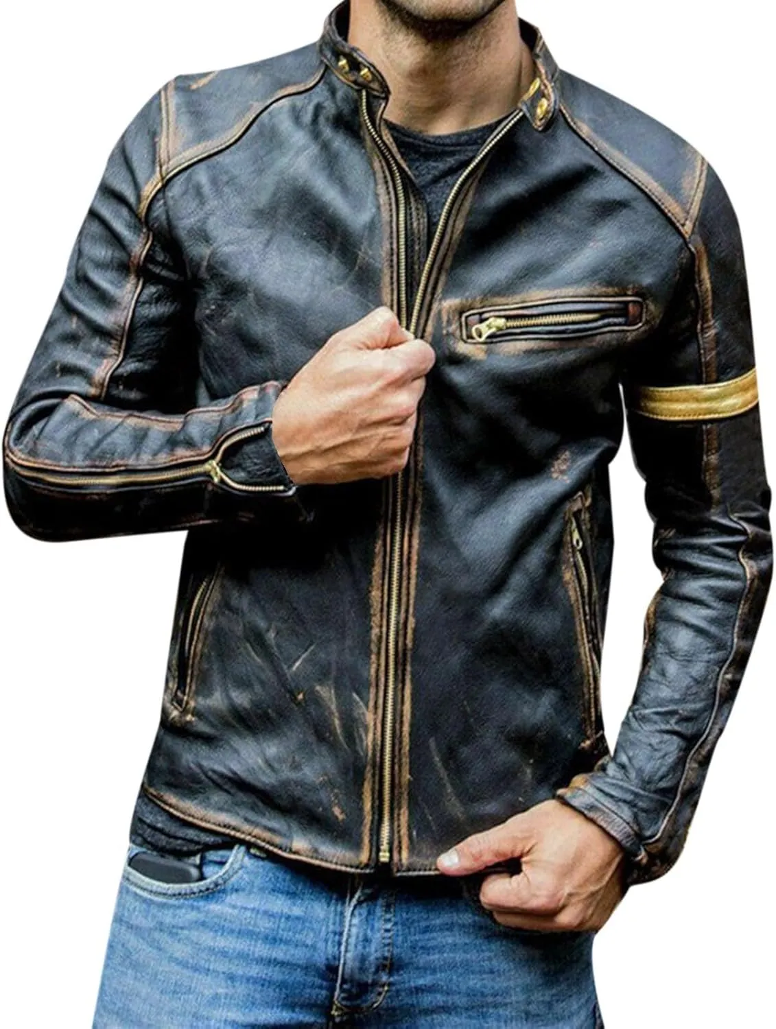 Distressed Motorcycle Jacket Men Faux Leather Slim Fit Zipper Winter Coat Vintage Lightweight Steampunk Biker Jacket