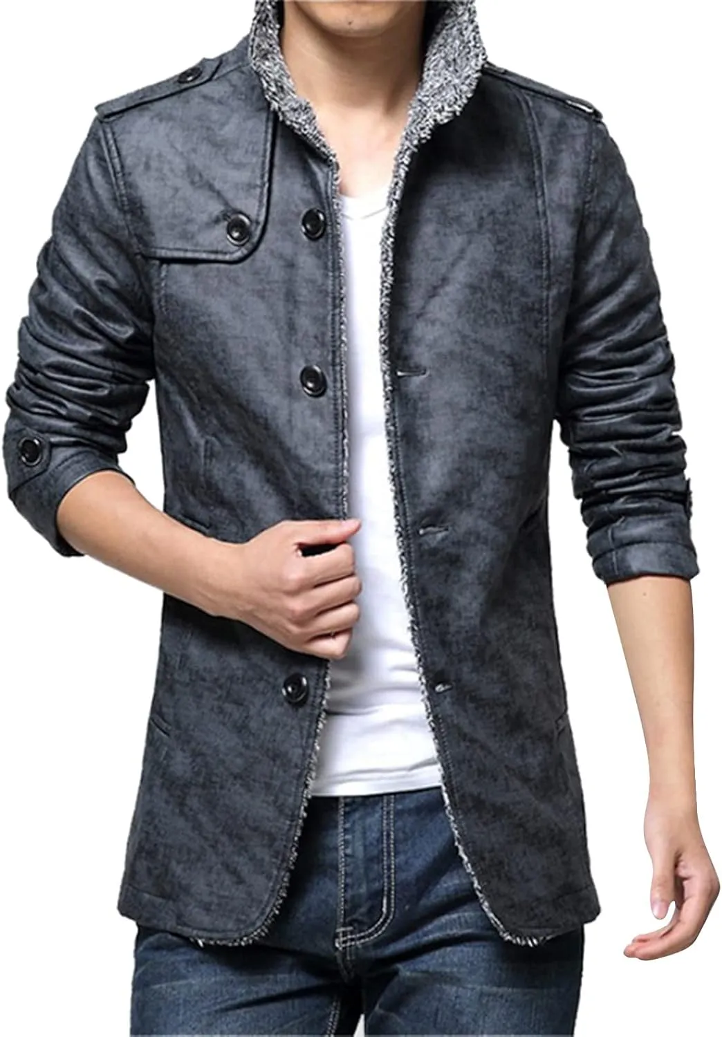 Faux Suede Jacket Men High Collar Shearling Sherpa Lined Winter Trench Coat Casual Vintage Sheepskin Fleece Coats
