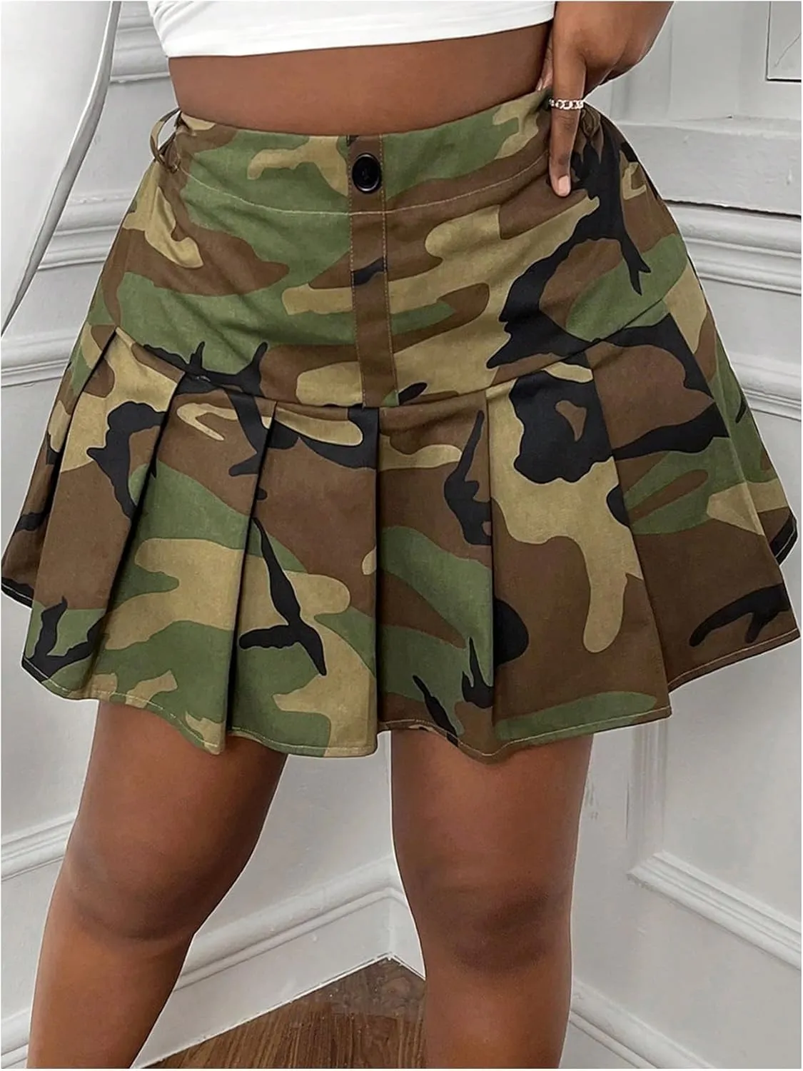 Floerns Women's Plus Size Camo Print Skirt Elastic Waist Pleated Hem Short Skirt