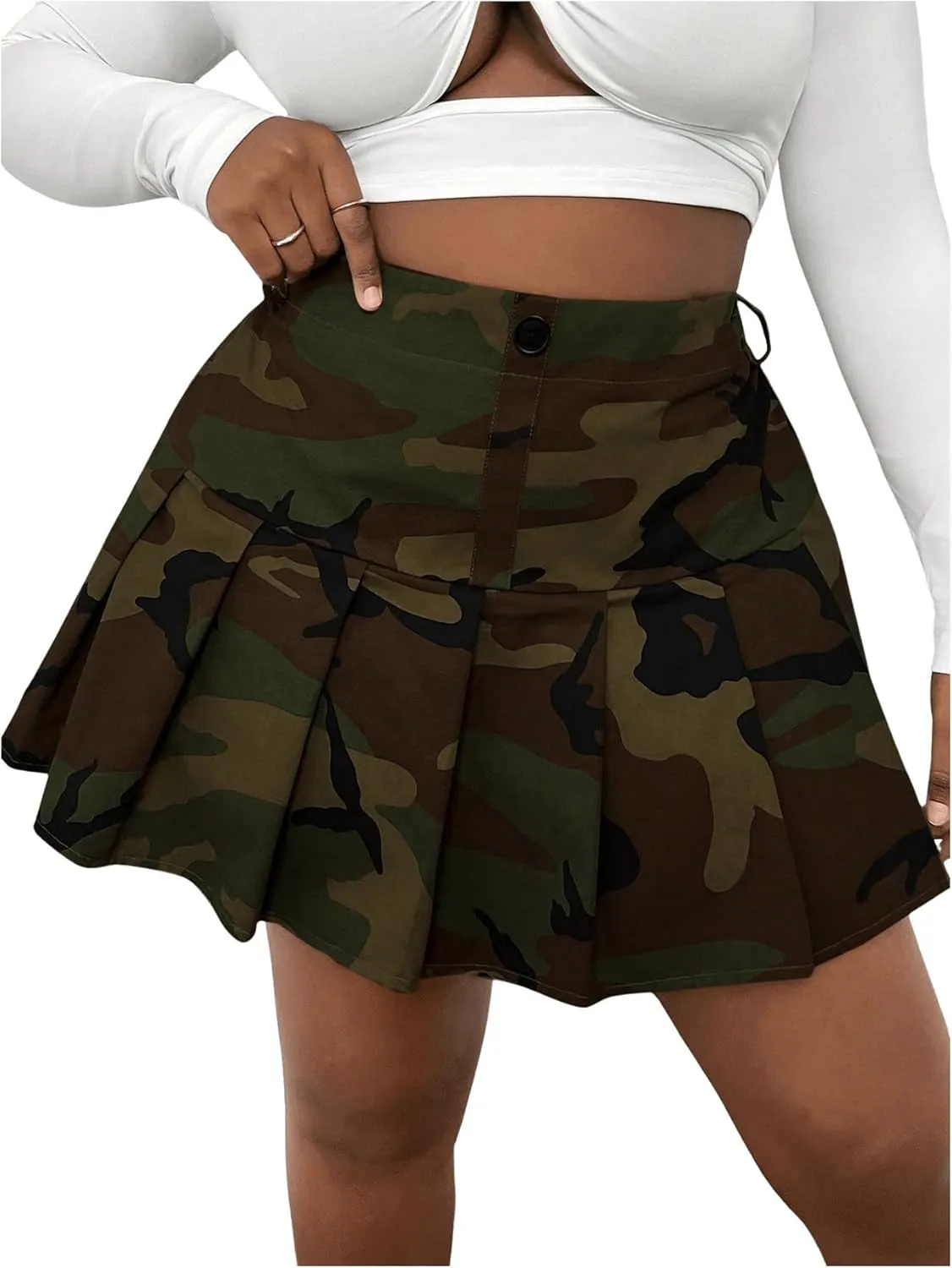 Floerns Women's Plus Size Camo Print Skirt Elastic Waist Pleated Hem Short Skirt