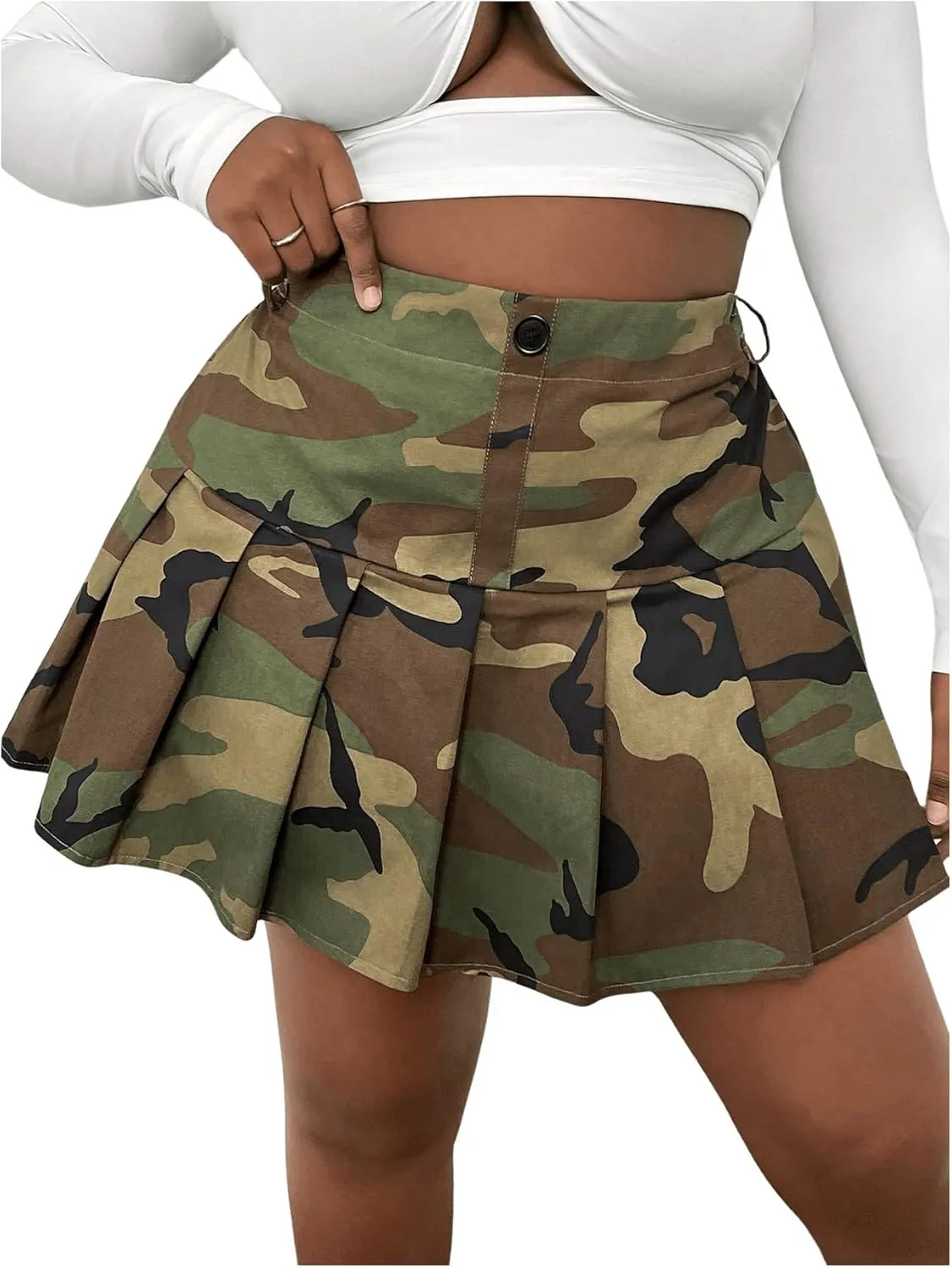 Floerns Women's Plus Size Camo Print Skirt Elastic Waist Pleated Hem Short Skirt