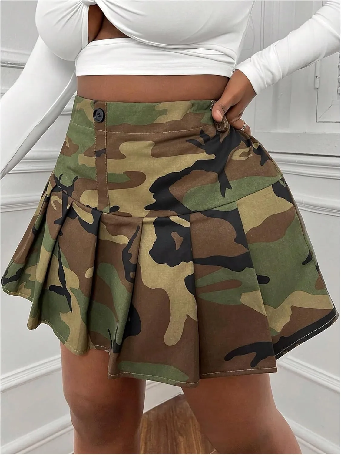 Floerns Women's Plus Size Camo Print Skirt Elastic Waist Pleated Hem Short Skirt