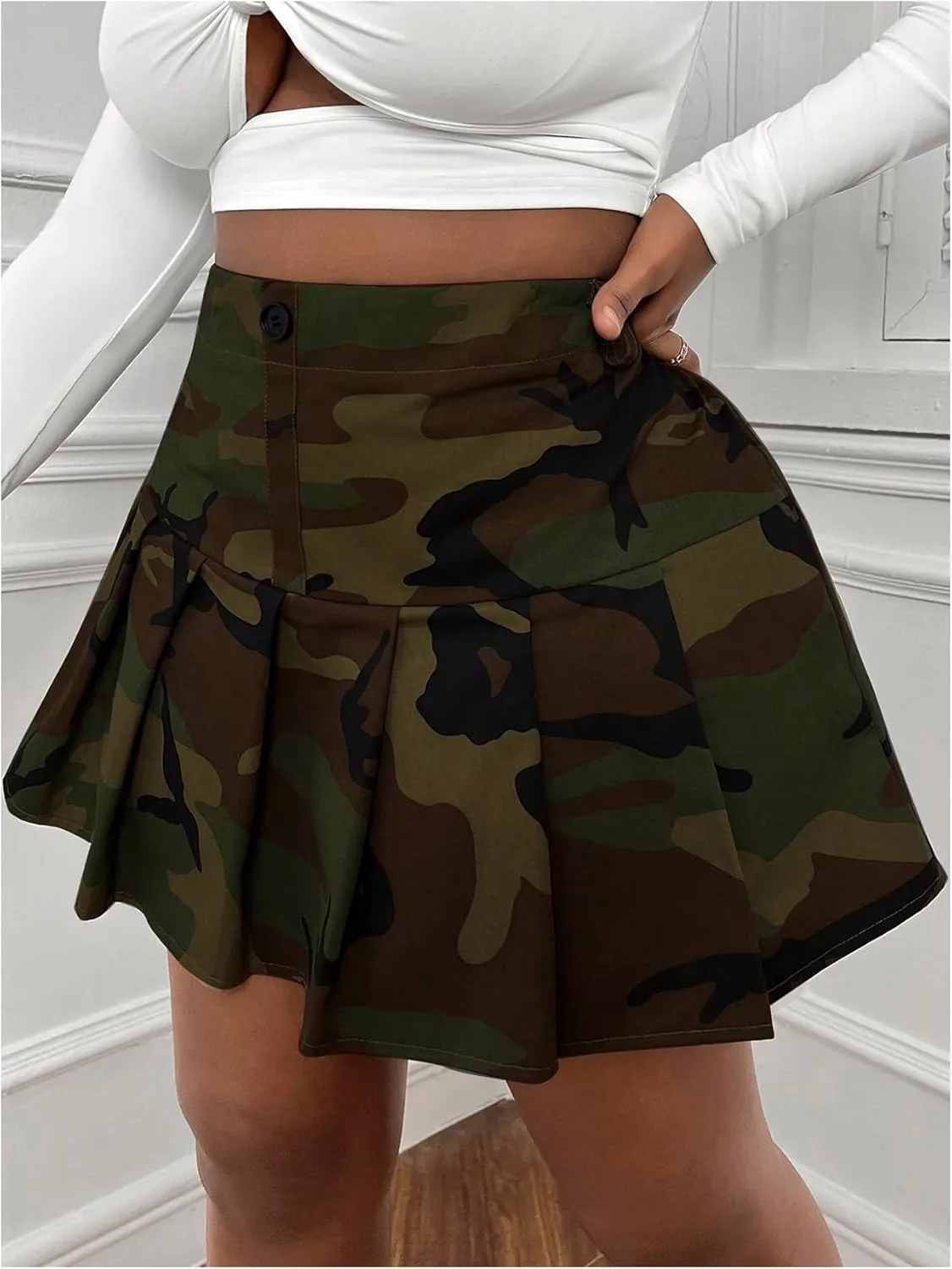 Floerns Women's Plus Size Camo Print Skirt Elastic Waist Pleated Hem Short Skirt