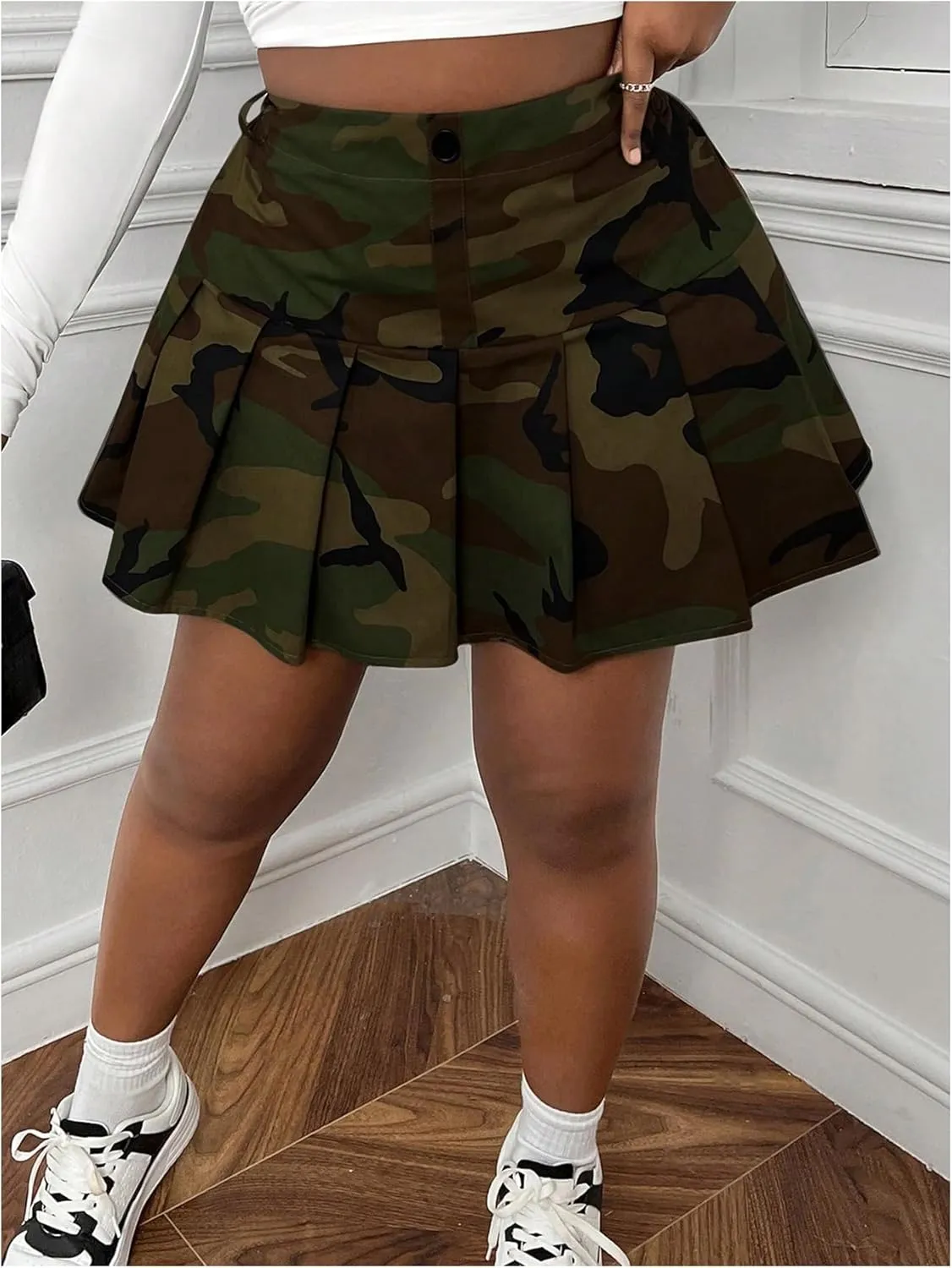 Floerns Women's Plus Size Camo Print Skirt Elastic Waist Pleated Hem Short Skirt