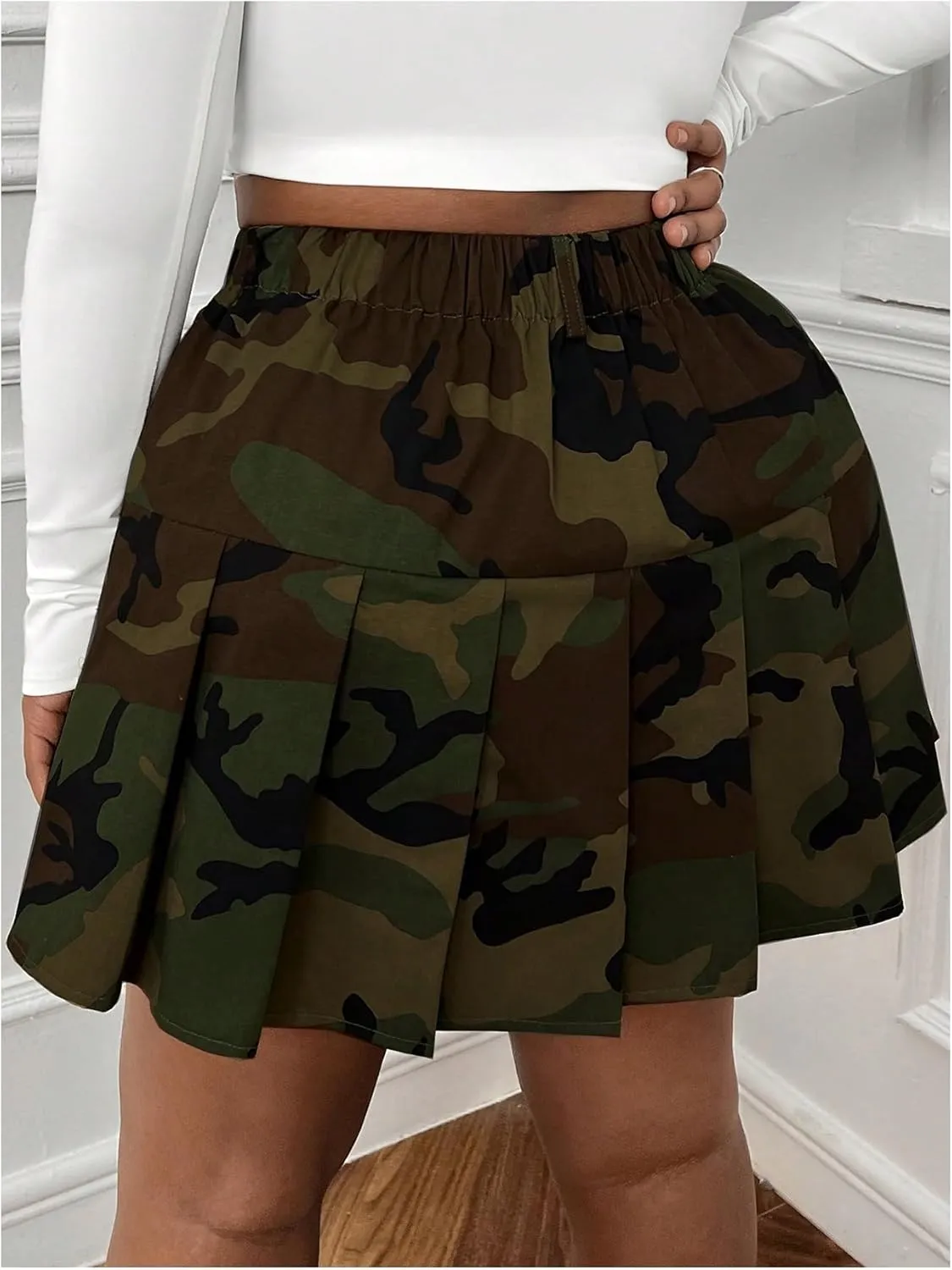 Floerns Women's Plus Size Camo Print Skirt Elastic Waist Pleated Hem Short Skirt