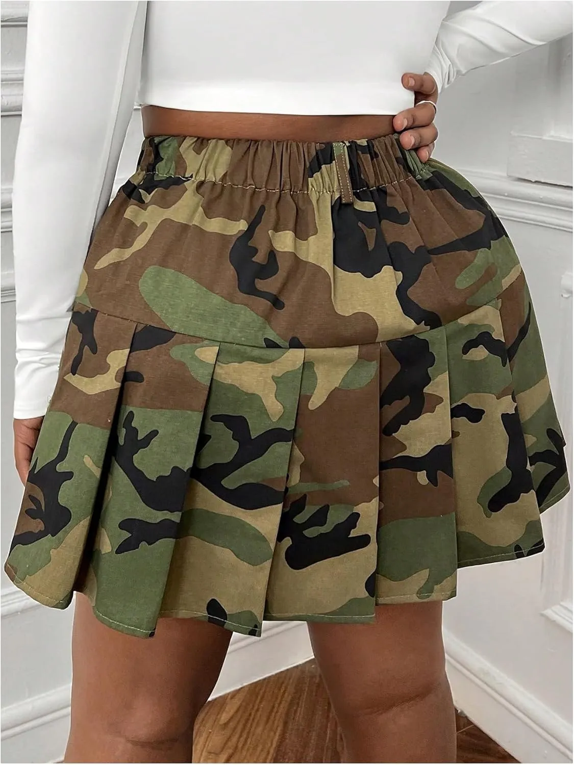Floerns Women's Plus Size Camo Print Skirt Elastic Waist Pleated Hem Short Skirt