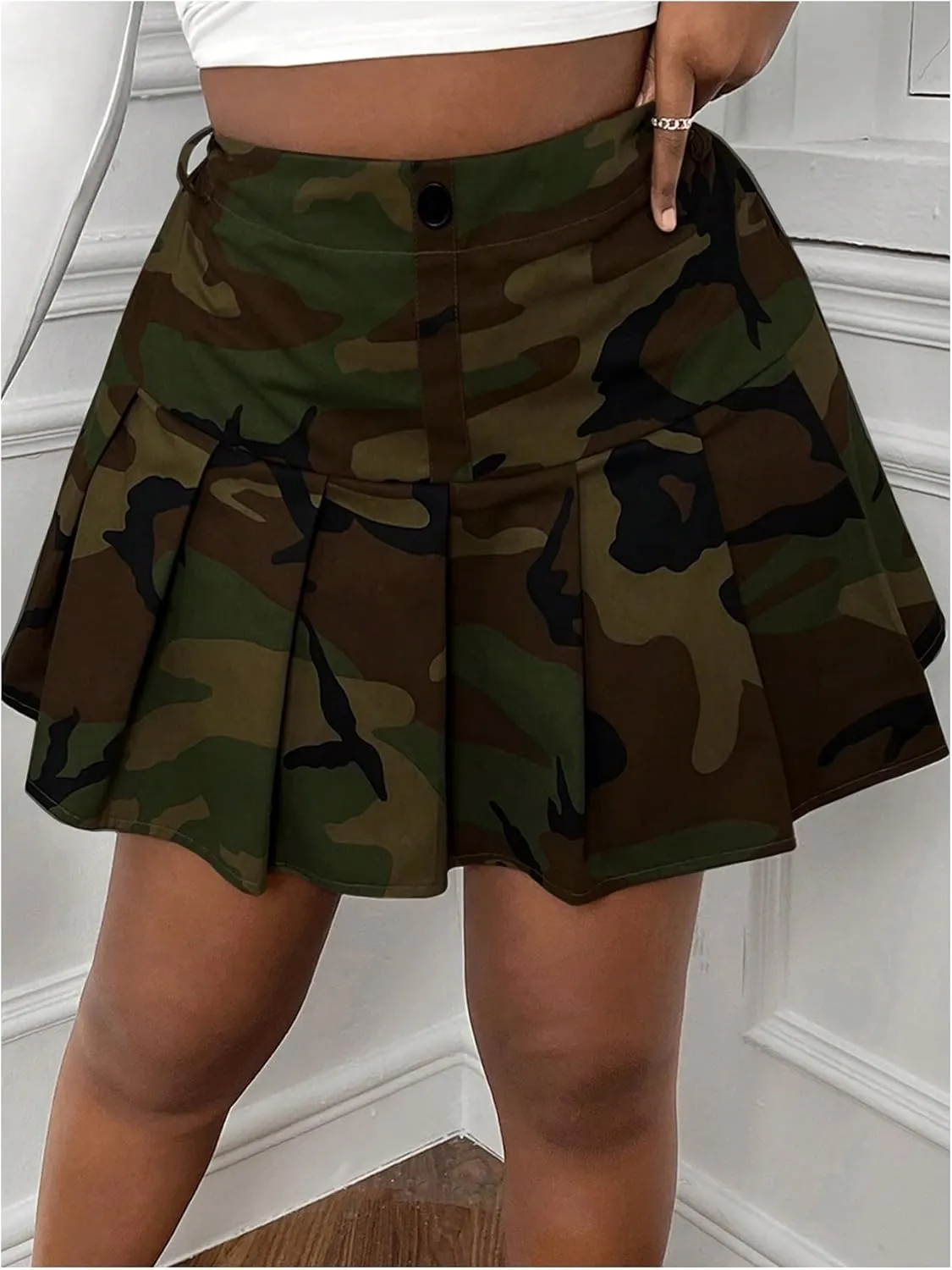 Floerns Women's Plus Size Camo Print Skirt Elastic Waist Pleated Hem Short Skirt