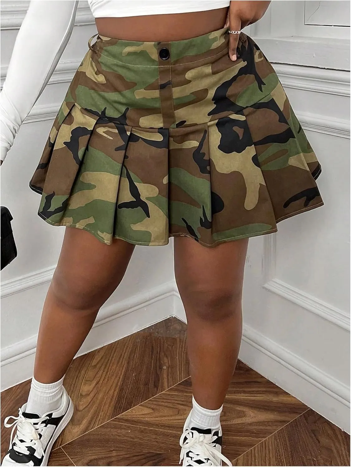 Floerns Women's Plus Size Camo Print Skirt Elastic Waist Pleated Hem Short Skirt
