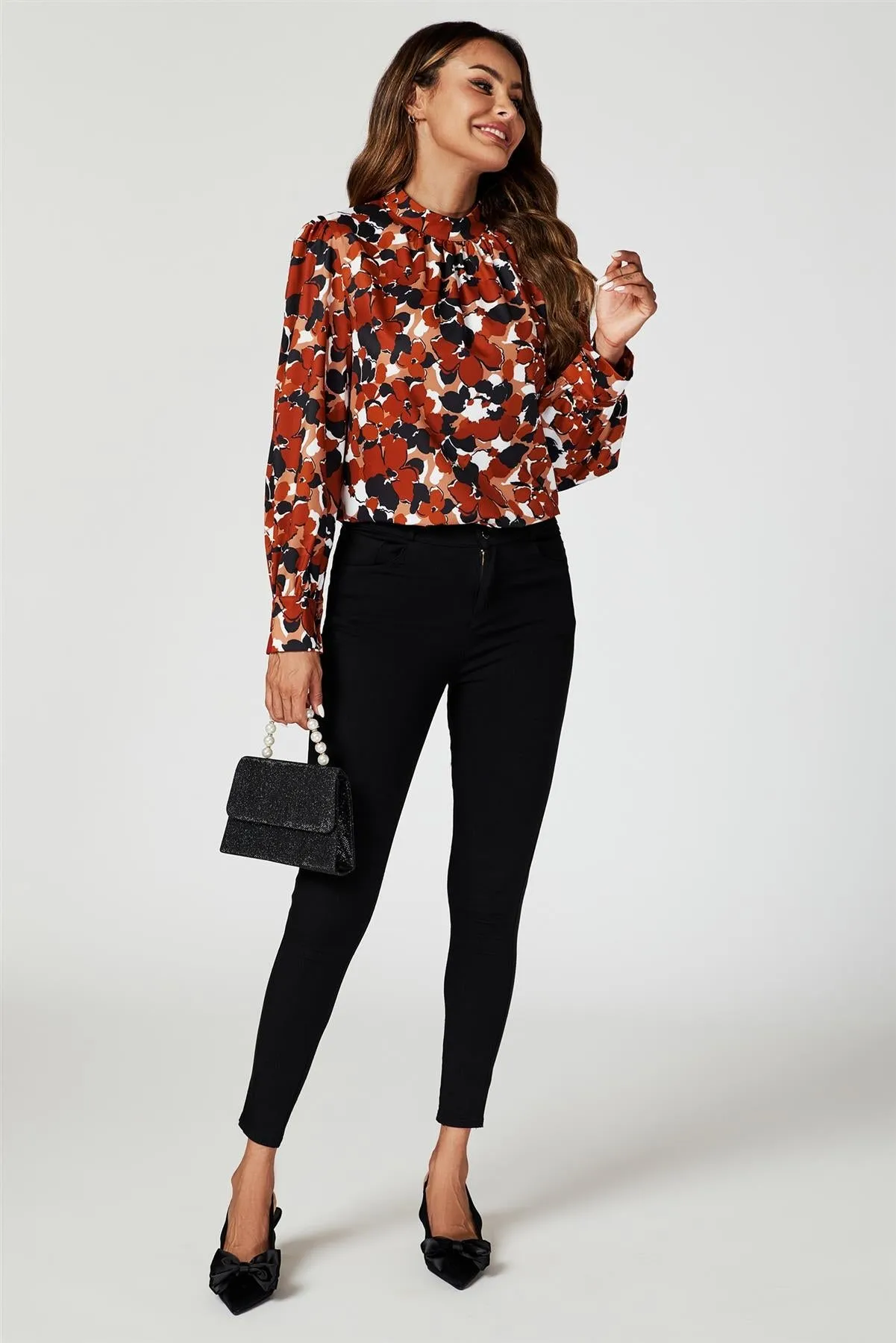 Floral Print Long Sleeve High Neck Top In Rust