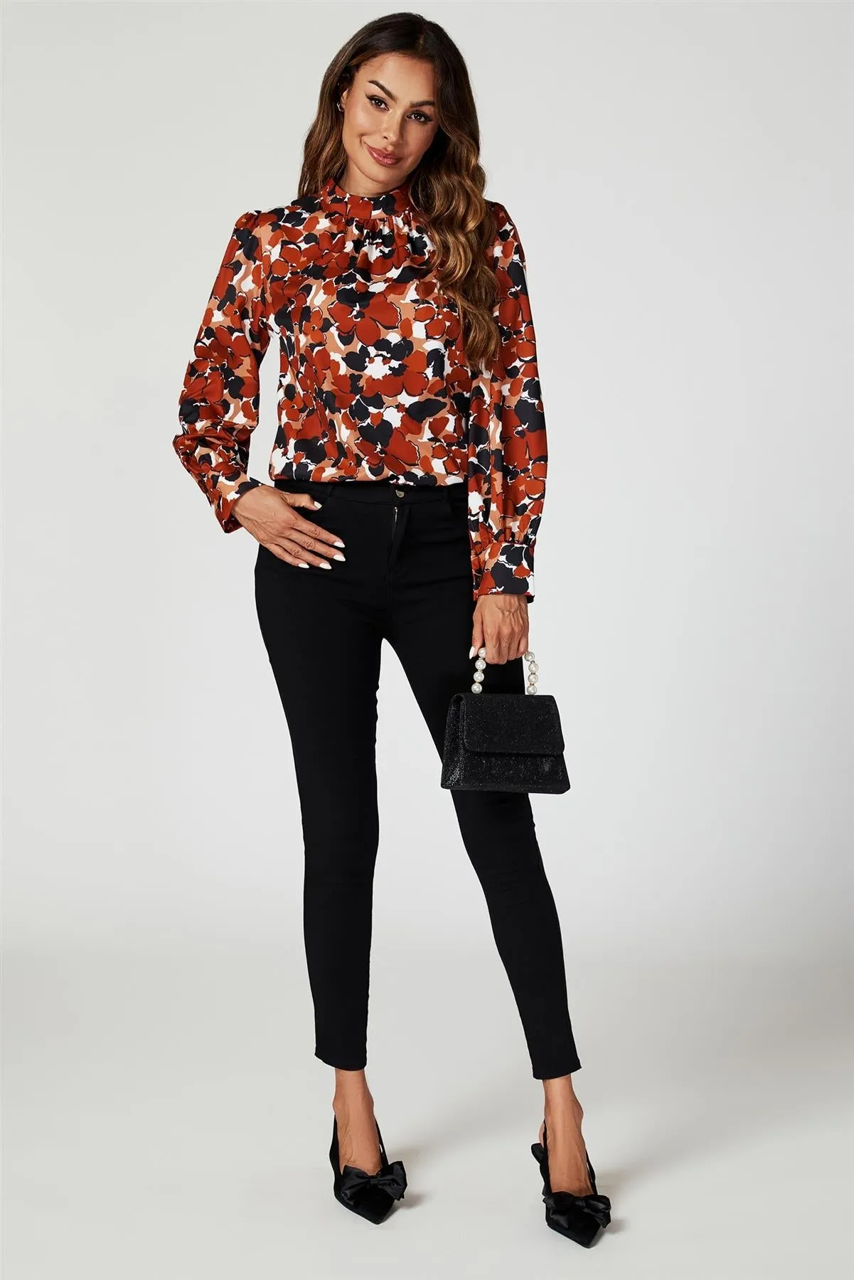 Floral Print Long Sleeve High Neck Top In Rust