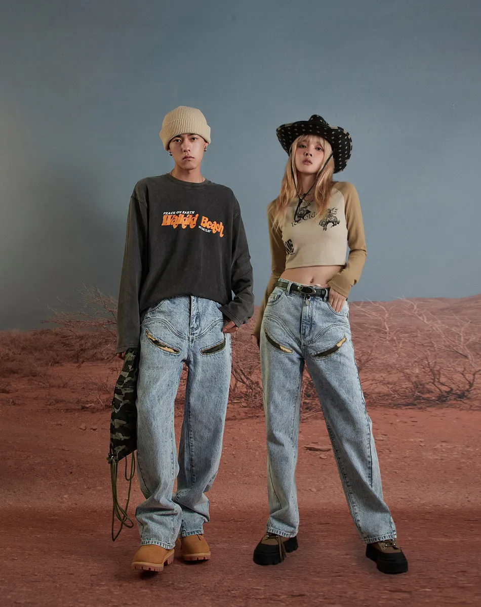 Front Cameo Detail Straight Jeans