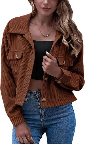 Gihuo Women's Fashion Cropped Shacket Button Down Corduroy Shacket Jackets Casual Plaid Long Sleeve Crop Jackets Tops