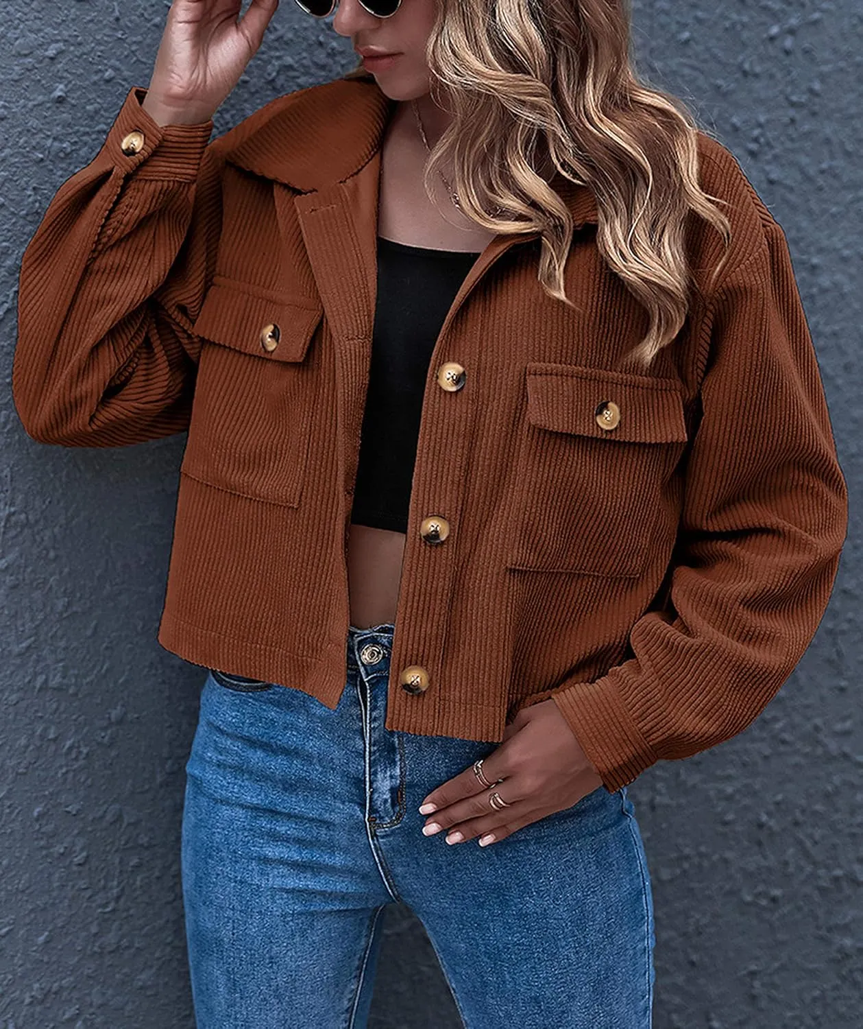 Gihuo Women's Fashion Cropped Shacket Button Down Corduroy Shacket Jackets Casual Plaid Long Sleeve Crop Jackets Tops