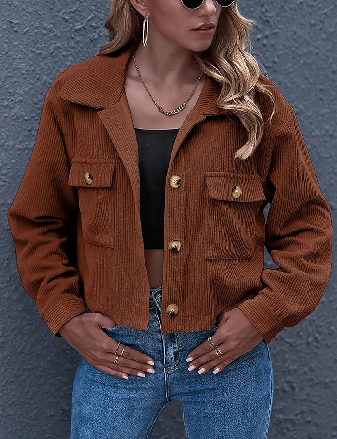 Gihuo Women's Fashion Cropped Shacket Button Down Corduroy Shacket Jackets Casual Plaid Long Sleeve Crop Jackets Tops