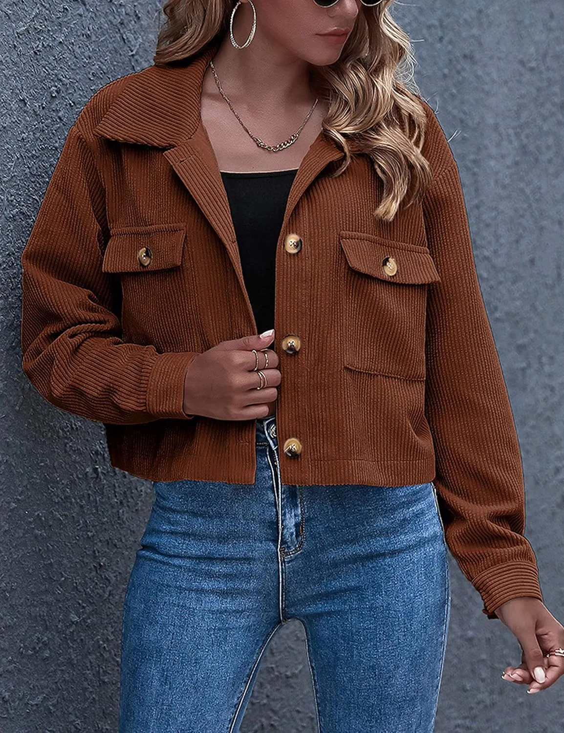 Gihuo Women's Fashion Cropped Shacket Button Down Corduroy Shacket Jackets Casual Plaid Long Sleeve Crop Jackets Tops