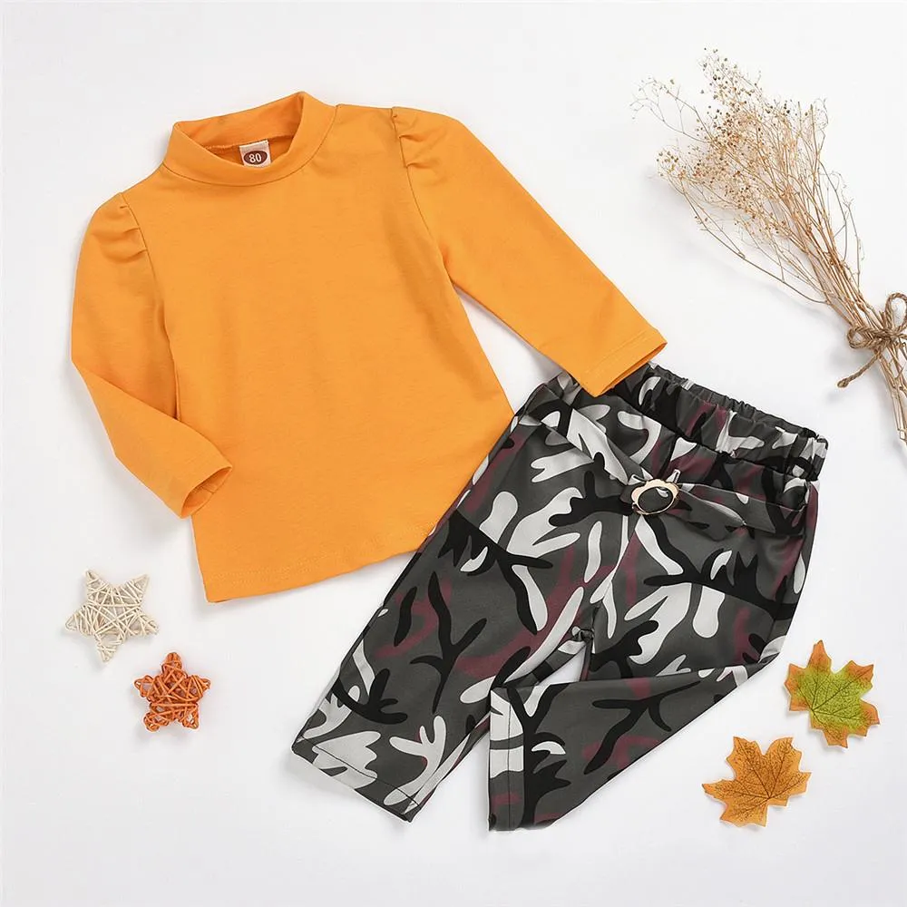 Girls Solid Long Sleeve T-shirt & Camo Trousers Little Girl Pants