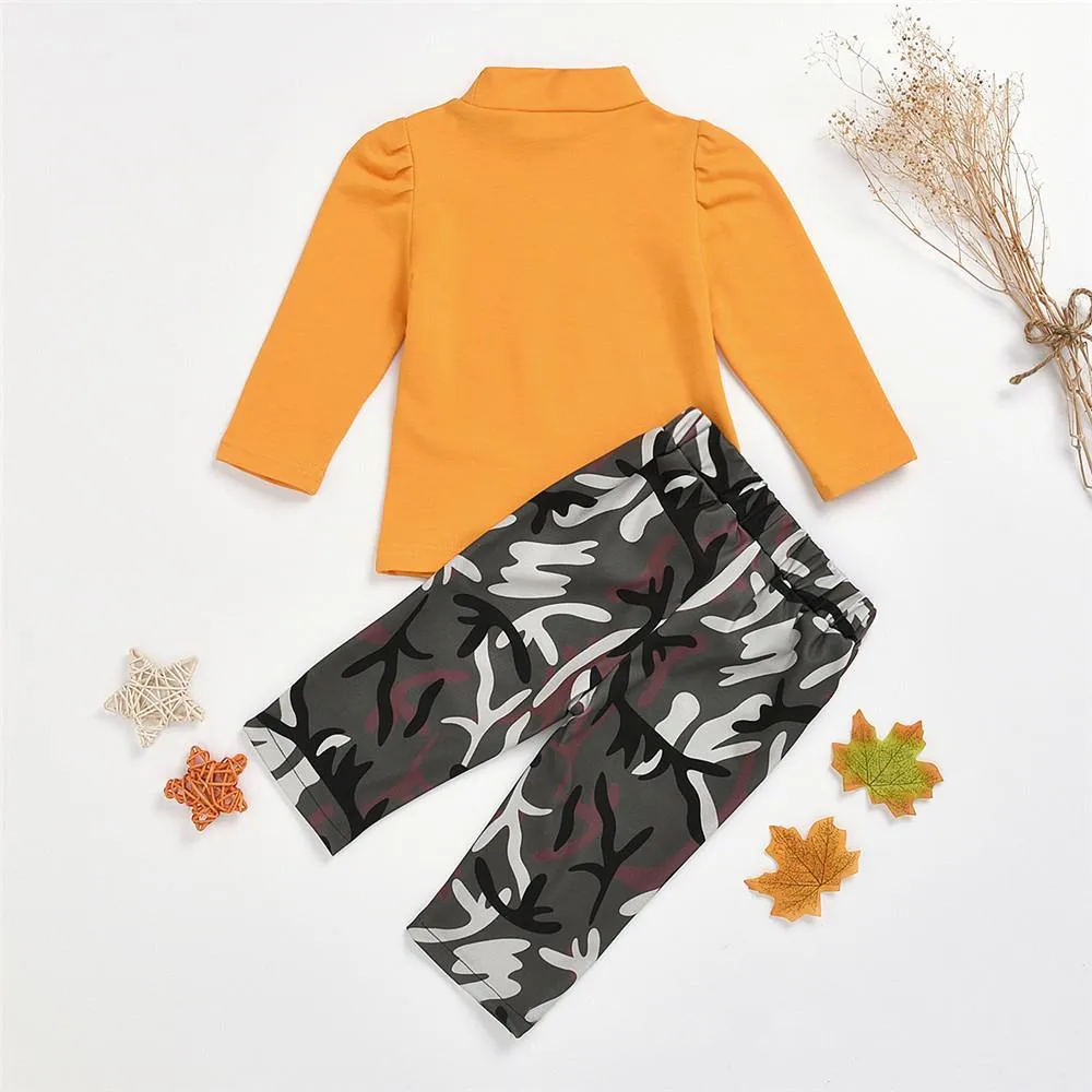 Girls Solid Long Sleeve T-shirt & Camo Trousers Little Girl Pants